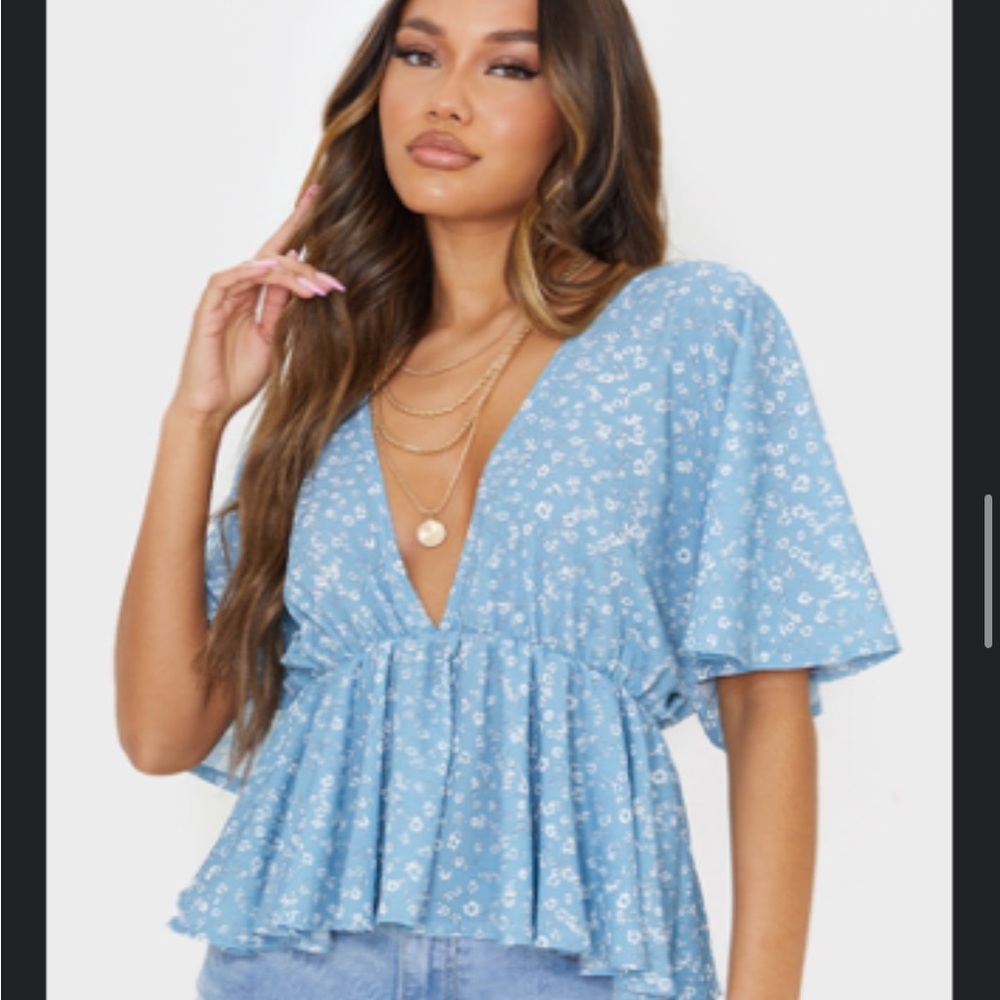Blue Floral V-Neck Women's Top